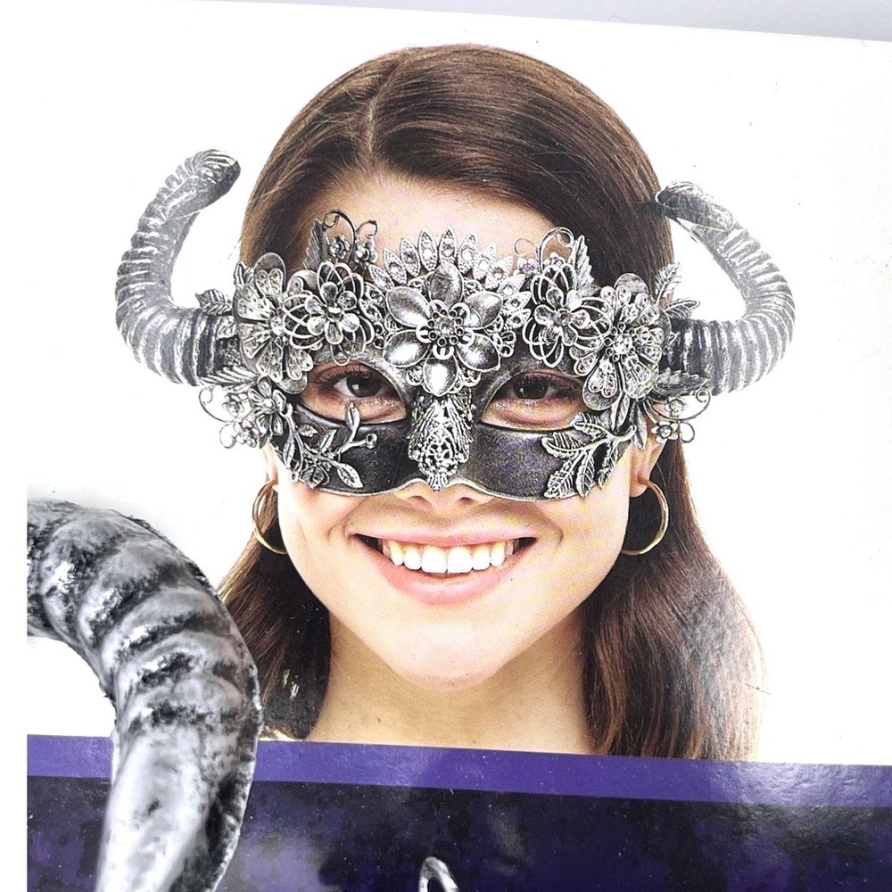 Floral Horn Silver Masquerade Mask Adult Halloween Devil Demon Costume NWT
